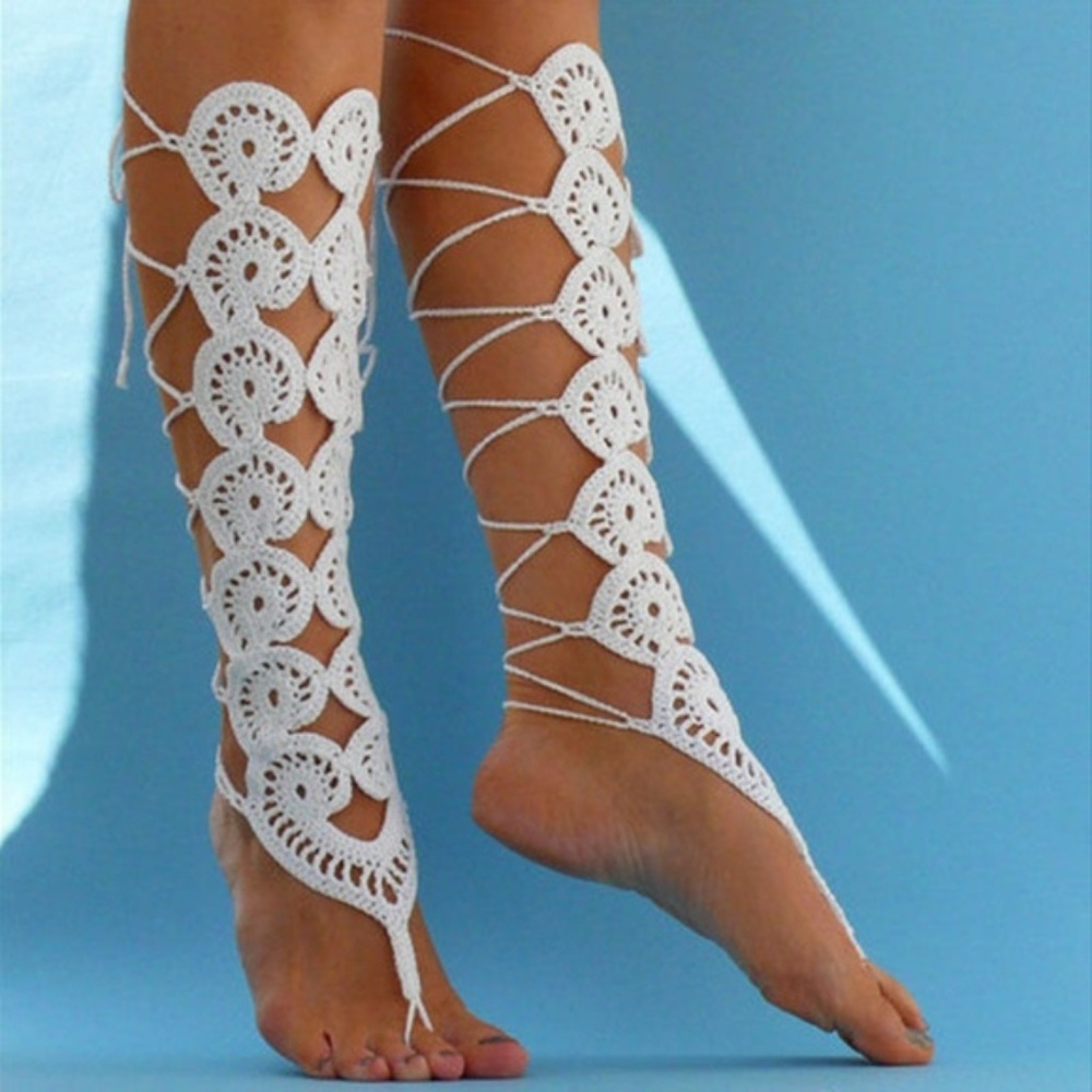 White Handmade Crochet Barefoot Gladiator Sandals